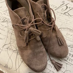 Tan Suede wedge booties with tassel laces